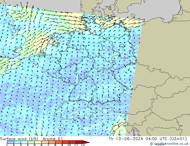 Rüzgar 10 m (bft) Arome 01 Per 13.06.2024 04 UTC