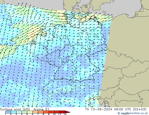 Surface wind (bft) Arome 01 Čt 13.06.2024 06 UTC