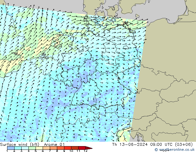 Surface wind (bft) Arome 01 Th 13.06.2024 09 UTC