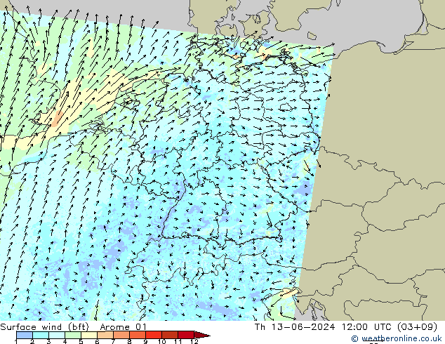 Rüzgar 10 m (bft) Arome 01 Per 13.06.2024 12 UTC