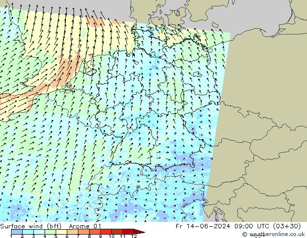 Surface wind (bft) Arome 01 Fr 14.06.2024 09 UTC