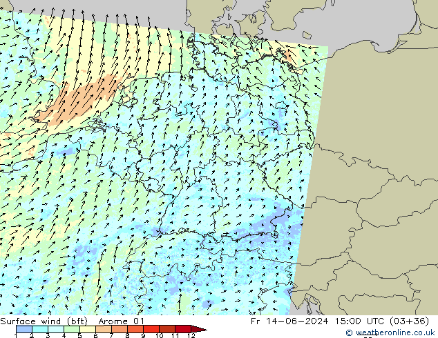 Wind 10 m (bft) Arome 01 vr 14.06.2024 15 UTC