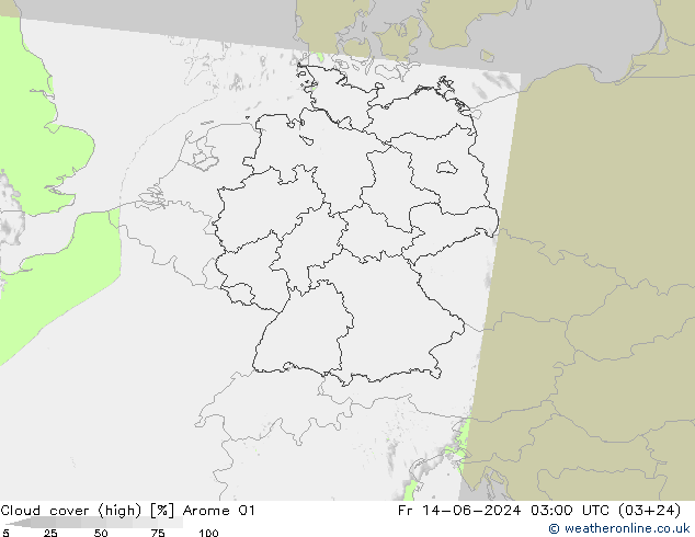 Cloud cover (high) Arome 01 Fr 14.06.2024 03 UTC