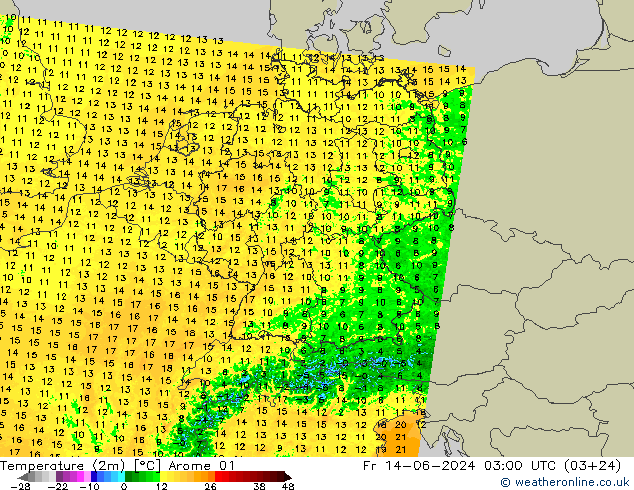 Temperature (2m) Arome 01 Fr 14.06.2024 03 UTC