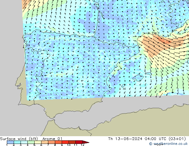 Wind 10 m (bft) Arome 01 do 13.06.2024 04 UTC