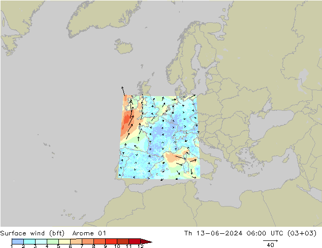 Bodenwind (bft) Arome 01 Do 13.06.2024 06 UTC