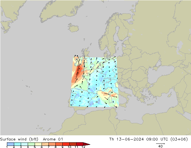 wiatr 10 m (bft) Arome 01 czw. 13.06.2024 09 UTC