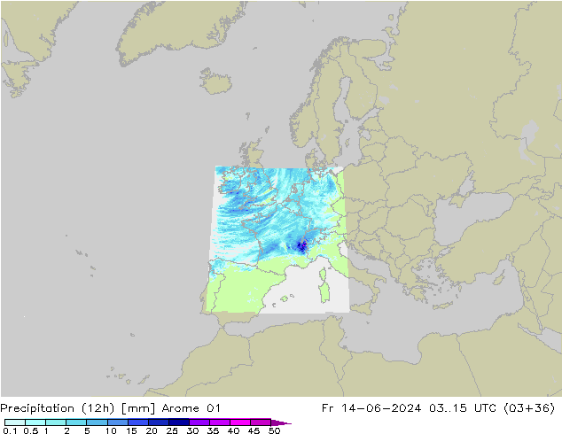 Precipitation (12h) Arome 01 Fr 14.06.2024 15 UTC