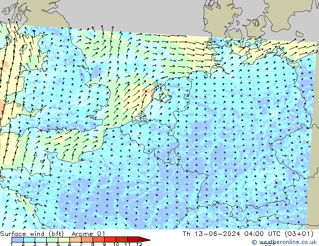 Surface wind (bft) Arome 01 Th 13.06.2024 04 UTC