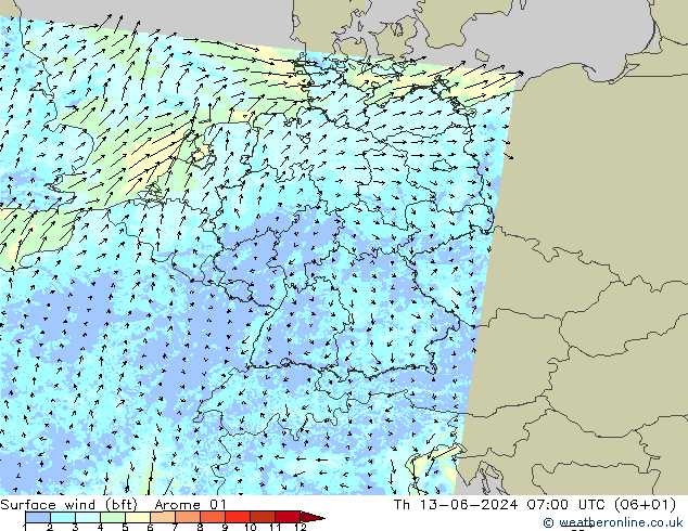 Surface wind (bft) Arome 01 Th 13.06.2024 07 UTC