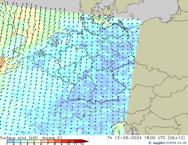 Surface wind (bft) Arome 01 Th 13.06.2024 18 UTC