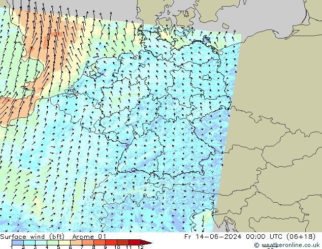 Surface wind (bft) Arome 01 Pá 14.06.2024 00 UTC