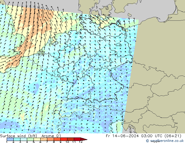 wiatr 10 m (bft) Arome 01 pt. 14.06.2024 03 UTC