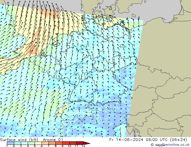 Bodenwind (bft) Arome 01 Fr 14.06.2024 06 UTC