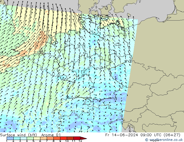 Surface wind (bft) Arome 01 Pá 14.06.2024 09 UTC