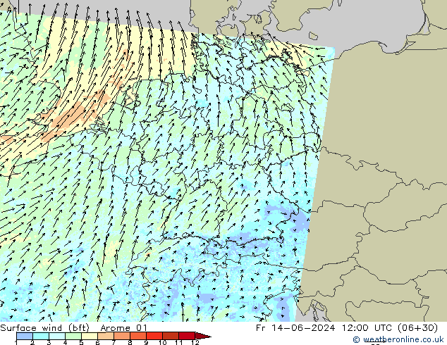 Surface wind (bft) Arome 01 Pá 14.06.2024 12 UTC