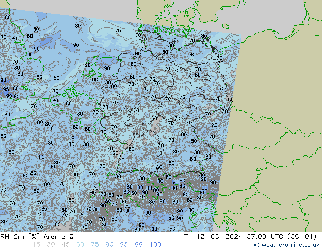 RH 2m Arome 01 Čt 13.06.2024 07 UTC