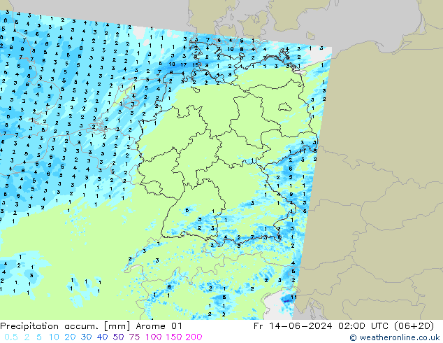 Precipitation accum. Arome 01 pt. 14.06.2024 02 UTC