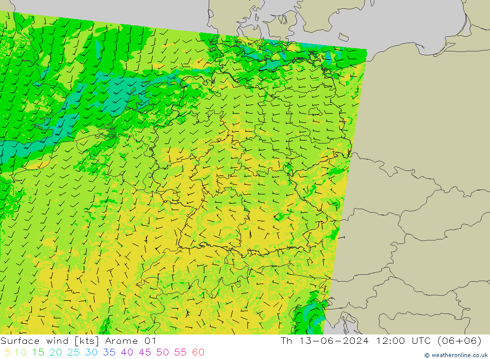 Surface wind Arome 01 Th 13.06.2024 12 UTC
