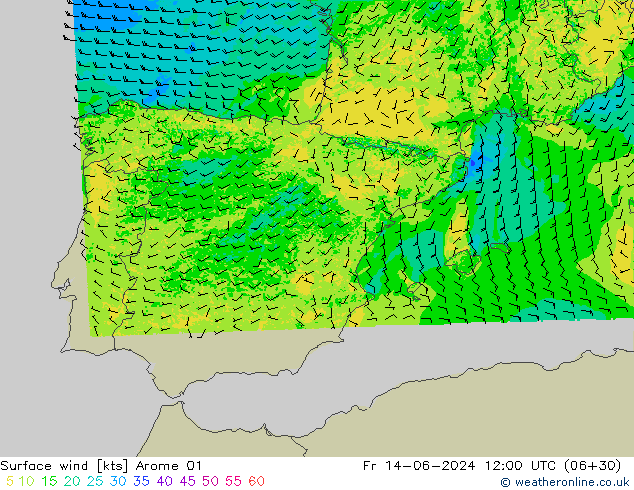 Viento 10 m Arome 01 vie 14.06.2024 12 UTC