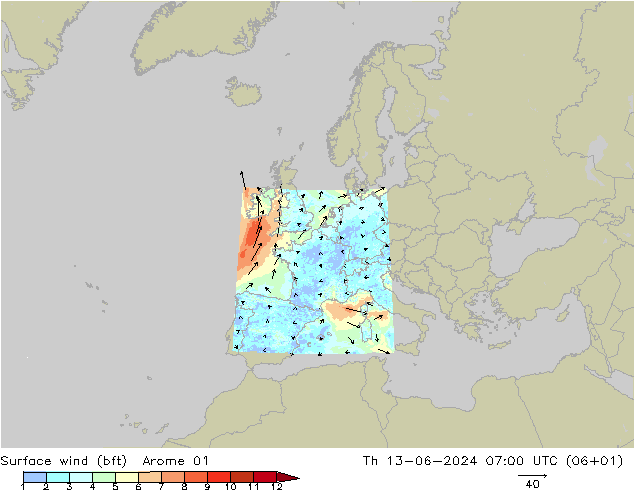 Vento 10 m (bft) Arome 01 Qui 13.06.2024 07 UTC