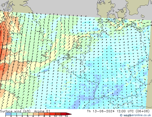  10 m (bft) Arome 01  13.06.2024 12 UTC
