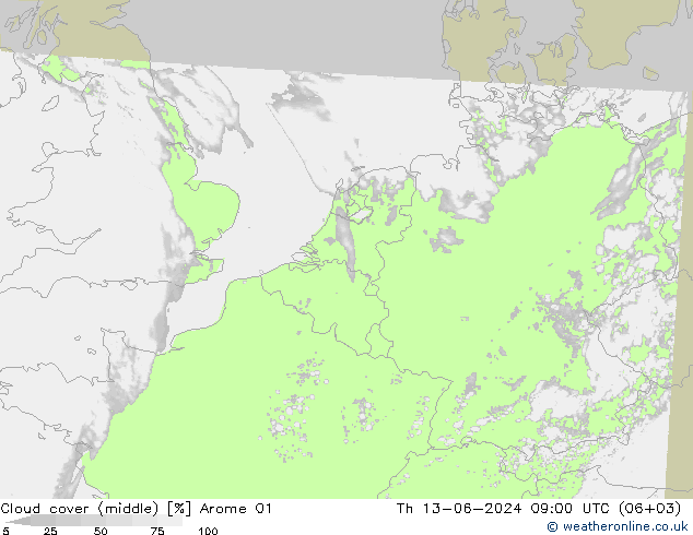 Cloud cover (middle) Arome 01 Th 13.06.2024 09 UTC