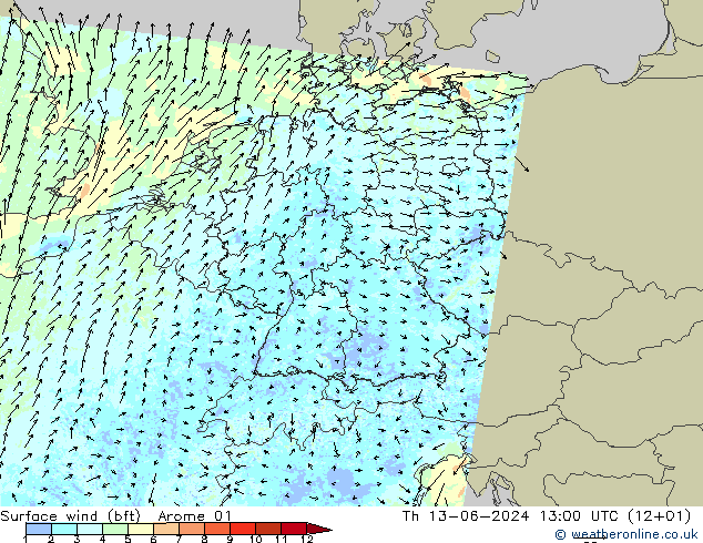 Surface wind (bft) Arome 01 Th 13.06.2024 13 UTC