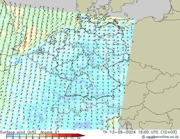 Bodenwind (bft) Arome 01 Do 13.06.2024 15 UTC