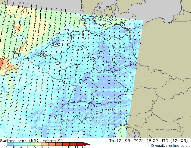 Surface wind (bft) Arome 01 Th 13.06.2024 18 UTC