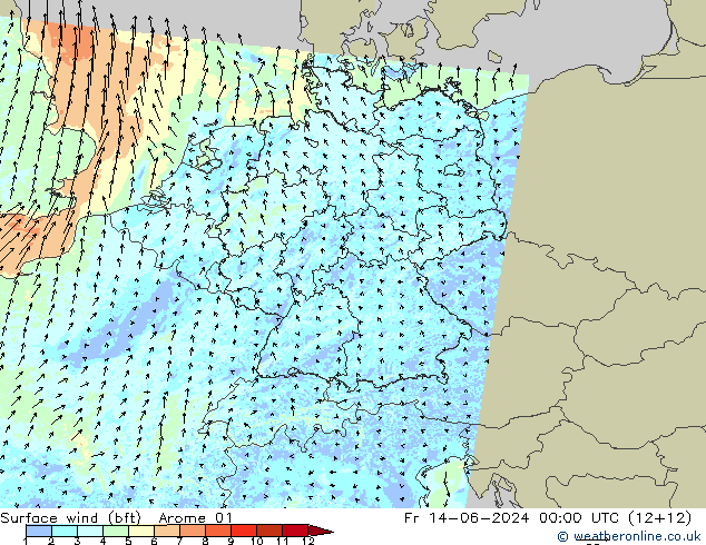 wiatr 10 m (bft) Arome 01 pt. 14.06.2024 00 UTC