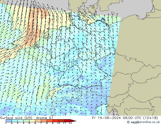 Surface wind (bft) Arome 01 Fr 14.06.2024 06 UTC