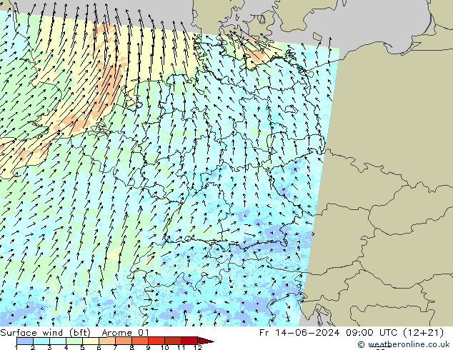 Bodenwind (bft) Arome 01 Fr 14.06.2024 09 UTC