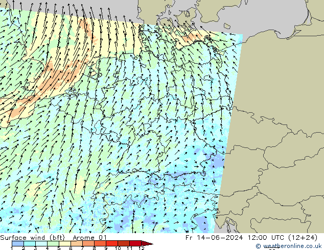 Wind 10 m (bft) Arome 01 vr 14.06.2024 12 UTC