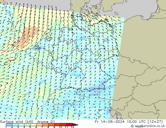 Bodenwind (bft) Arome 01 Fr 14.06.2024 15 UTC