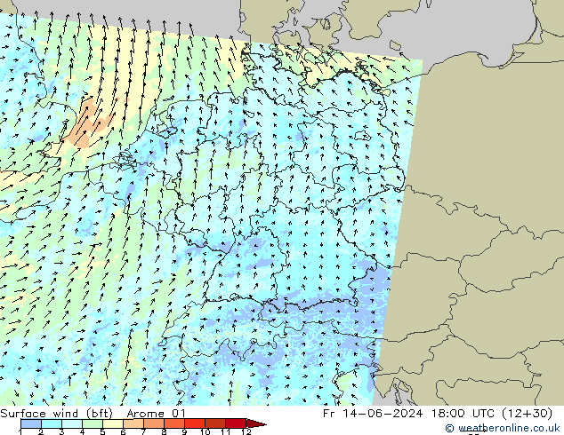 Surface wind (bft) Arome 01 Fr 14.06.2024 18 UTC