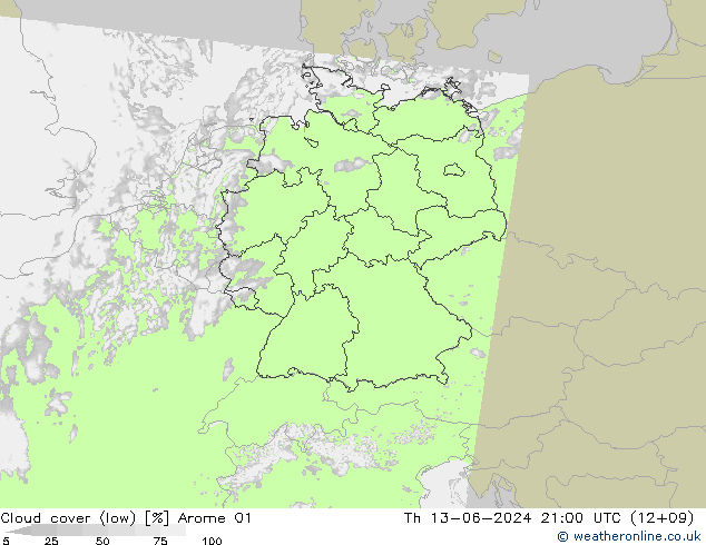 Cloud cover (low) Arome 01 Th 13.06.2024 21 UTC