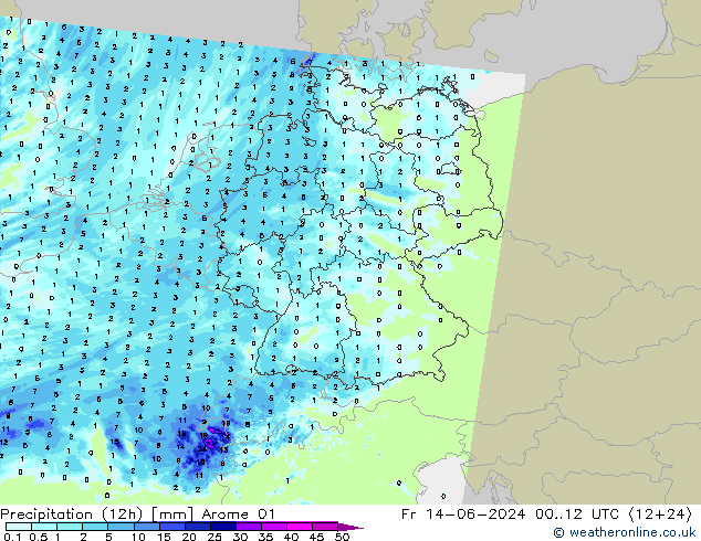 Precipitation (12h) Arome 01 Fr 14.06.2024 12 UTC