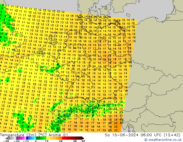 Temperaturkarte (2m) Arome 01 Sa 15.06.2024 06 UTC