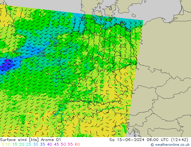 Rüzgar 10 m Arome 01 Cts 15.06.2024 06 UTC