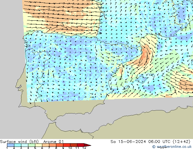 Surface wind (bft) Arome 01 So 15.06.2024 06 UTC