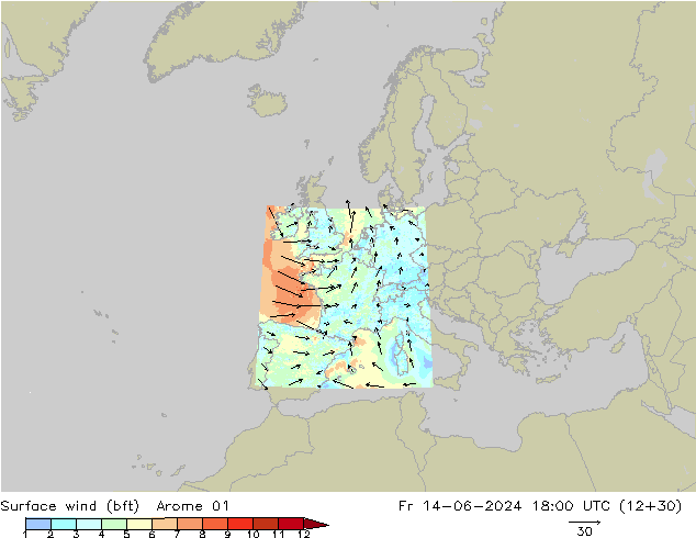 Wind 10 m (bft) Arome 01 vr 14.06.2024 18 UTC