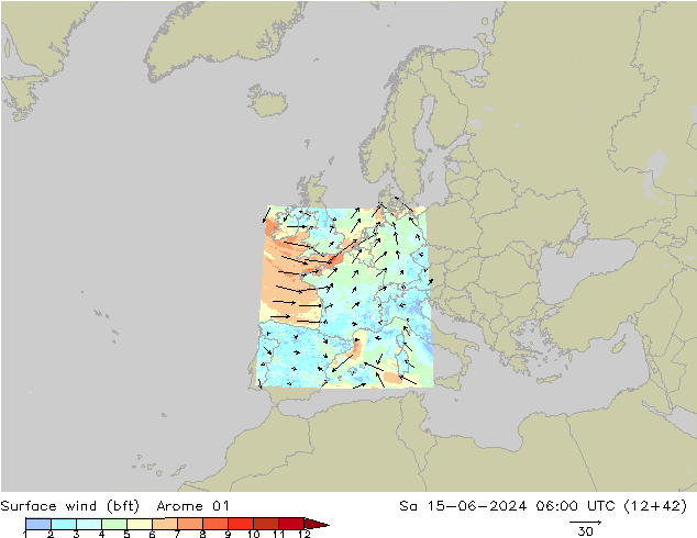 Wind 10 m (bft) Arome 01 za 15.06.2024 06 UTC
