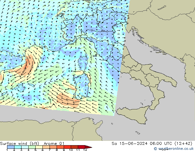 Bodenwind (bft) Arome 01 Sa 15.06.2024 06 UTC