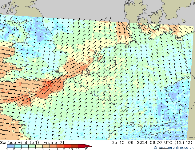 Surface wind (bft) Arome 01 Sa 15.06.2024 06 UTC
