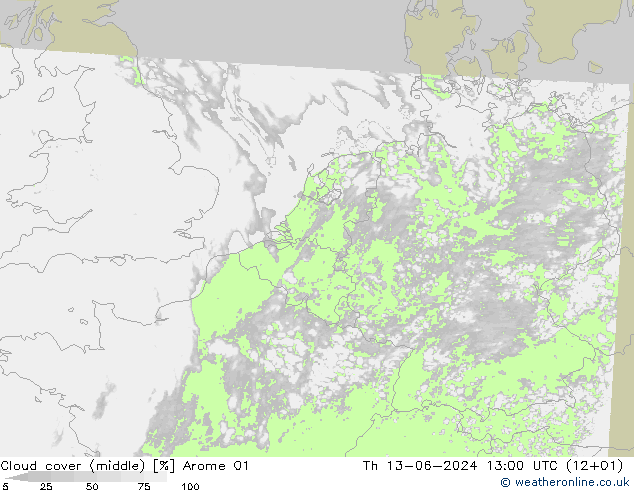 Cloud cover (middle) Arome 01 Th 13.06.2024 13 UTC