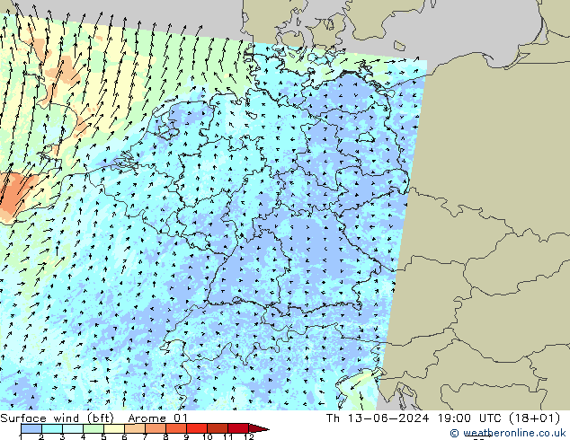 Surface wind (bft) Arome 01 Th 13.06.2024 19 UTC