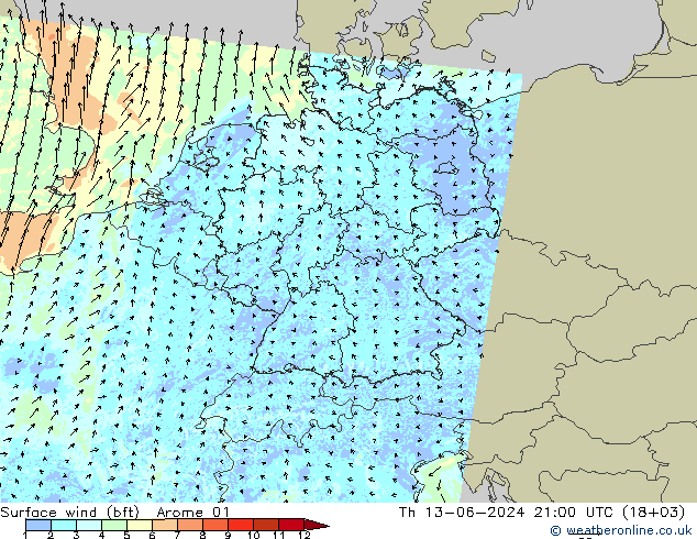 Vent 10 m (bft) Arome 01 jeu 13.06.2024 21 UTC