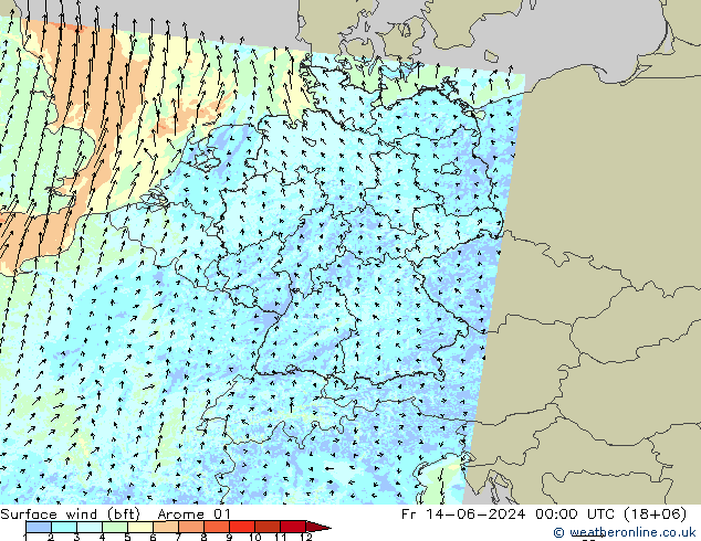 ве�Bе�@ 10 m (bft) Arome 01 пт 14.06.2024 00 UTC