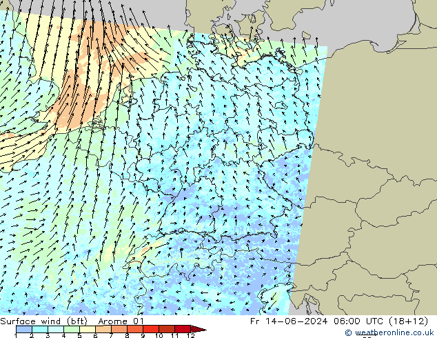 wiatr 10 m (bft) Arome 01 pt. 14.06.2024 06 UTC